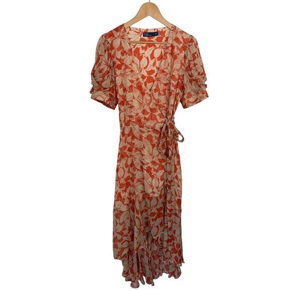 Polo Ralph Lauren Print Crinkled Georgette Wrap Dress Orange Size 12 - Picture 4 of 12